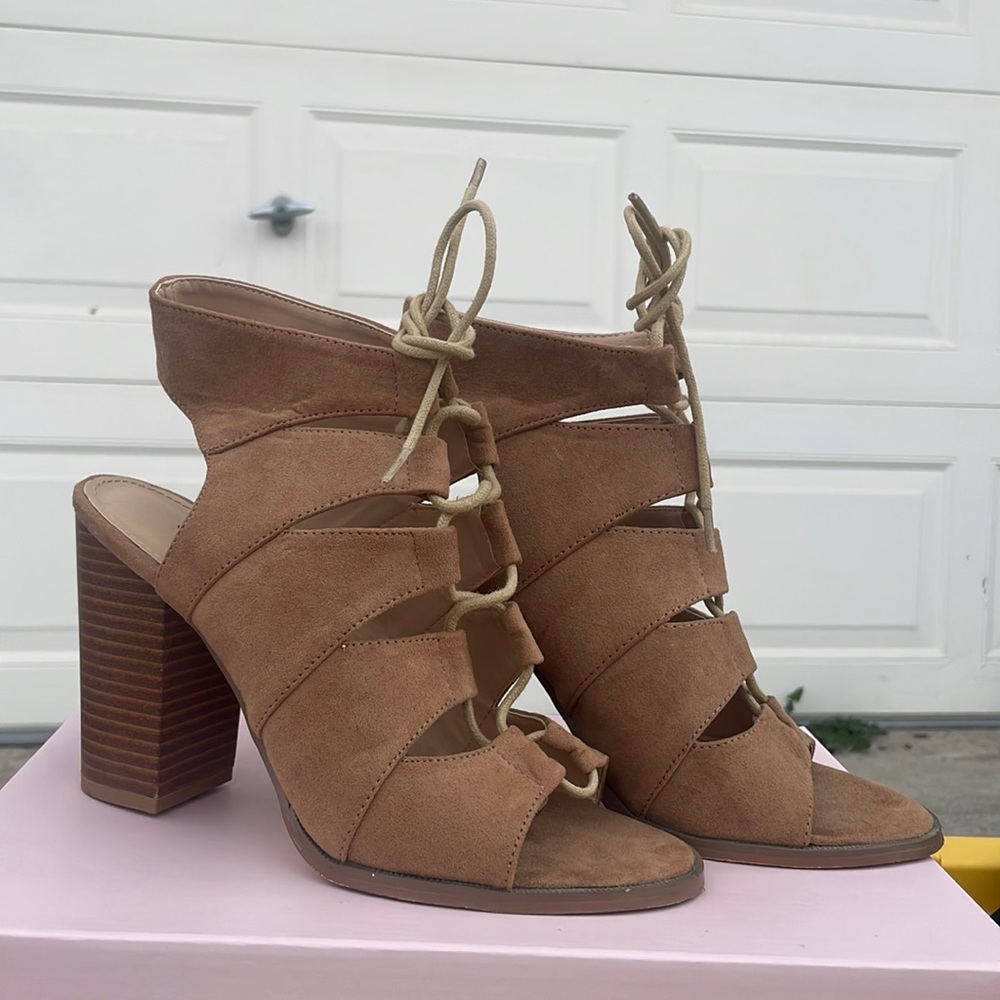 Just fab brown suede lace up block heels sandals